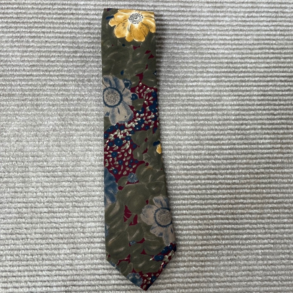 Salvatori Mens Silk Blend Floral Tie Olive Green Burgundy Yellow Botanical Retro